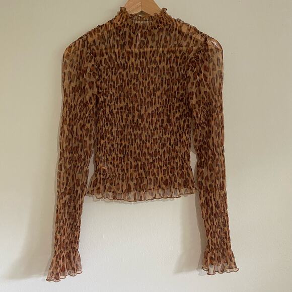 Free People Hello There Mesh Smocked Top Leopard Size Small - Picture 9 of 12
